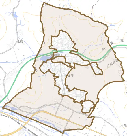 菩提寺とその周辺の地図。町の範囲を重ねている