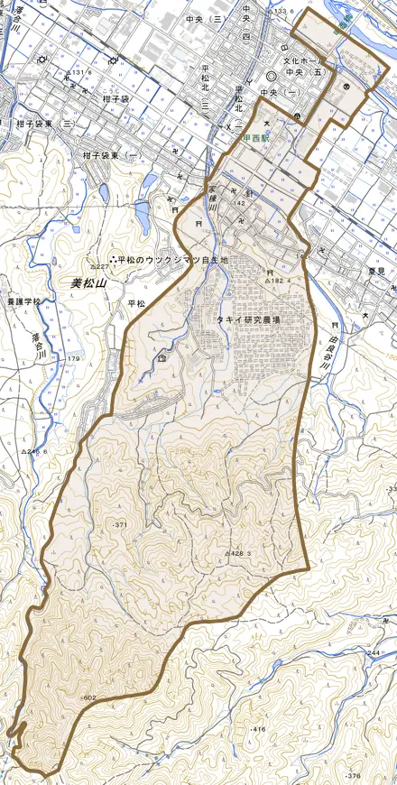 針とその周辺の地図。町の範囲を重ねている