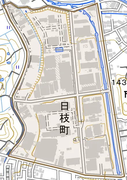 日枝町とその周辺の地図。町の範囲を重ねている