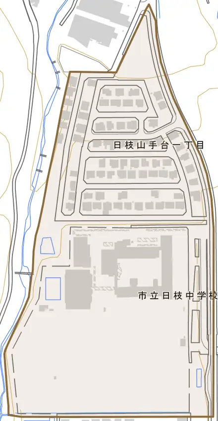 日枝山手台とその周辺の地図。町の範囲を重ねている