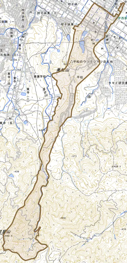 平松とその周辺の地図。町の範囲を重ねている