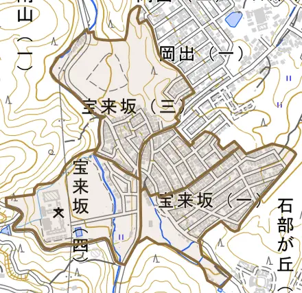 宝来坂とその周辺の地図。町の範囲を重ねている