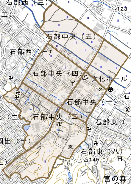 石部中央とその周辺の地図。町の範囲を重ねている