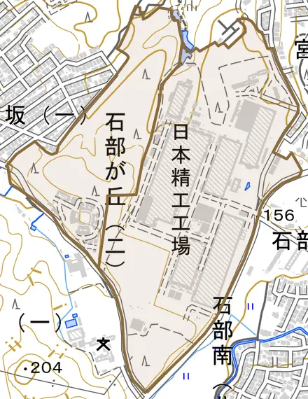 石部が丘とその周辺の地図。町の範囲を重ねている