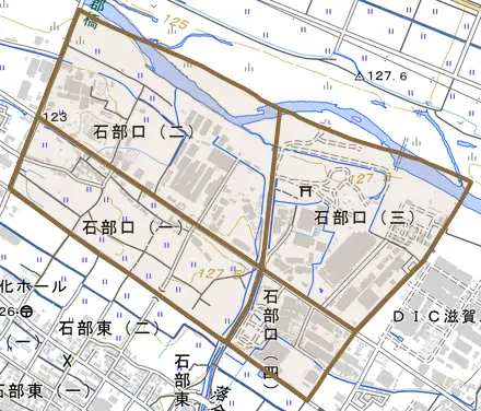 石部口とその周辺の地図。町の範囲を重ねている