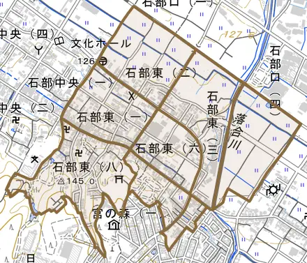 石部東とその周辺の地図。町の範囲を重ねている