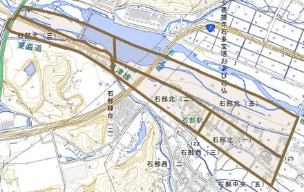 石部北とその周辺の地図。町の範囲を重ねている