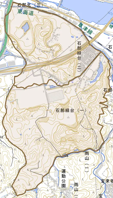 石部緑台とその周辺の地図。町の範囲を重ねている