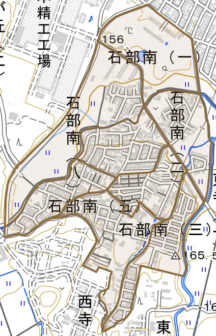 石部南とその周辺の地図。町の範囲を重ねている