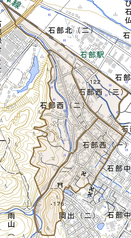 石部西とその周辺の地図。町の範囲を重ねている