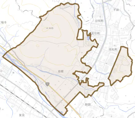 岩根とその周辺の地図。町の範囲を重ねている