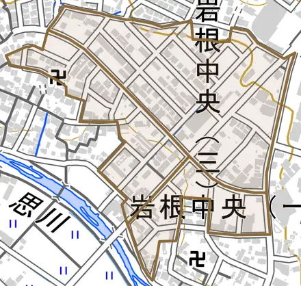 岩根中央とその周辺の地図。町の範囲を重ねている