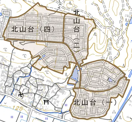 北山台とその周辺の地図。町の範囲を重ねている
