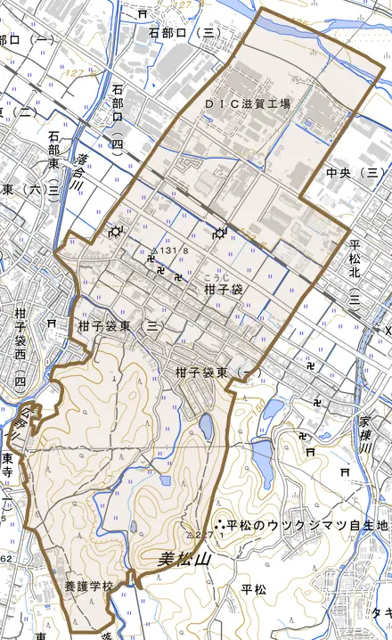 柑子袋とその周辺の地図。町の範囲を重ねている