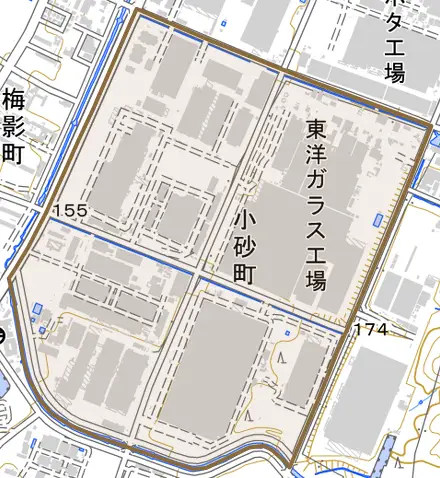 小砂町とその周辺の地図。町の範囲を重ねている