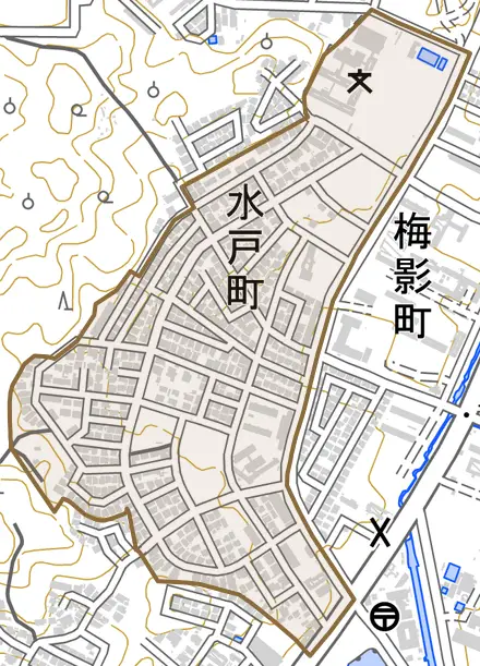 水戸町とその周辺の地図。町の範囲を重ねている