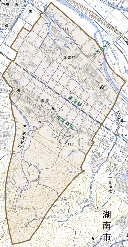 夏見とその周辺の地図。町の範囲を重ねている
