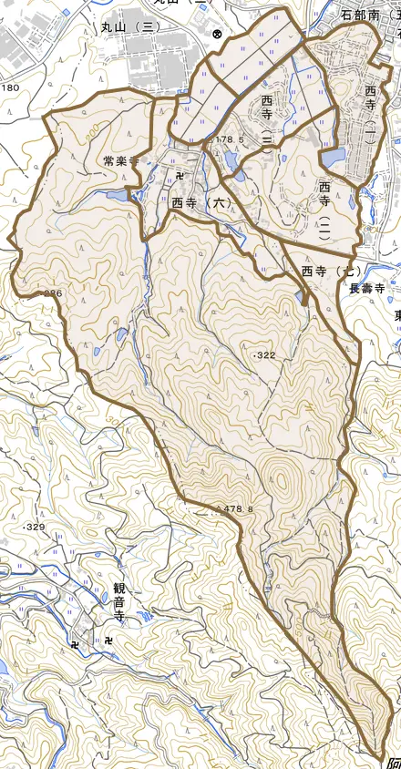 西寺とその周辺の地図。町の範囲を重ねている