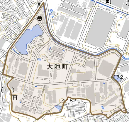 大池町とその周辺の地図。町の範囲を重ねている