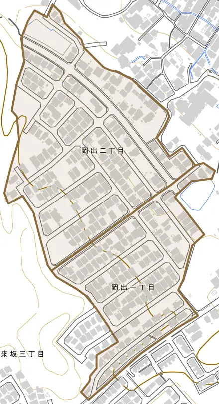 岡出とその周辺の地図。町の範囲を重ねている