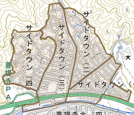 サイドタウンとその周辺の地図。町の範囲を重ねている