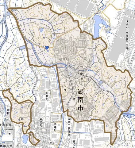 下田とその周辺の地図。町の範囲を重ねている