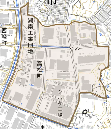 高松町とその周辺の地図。町の範囲を重ねている