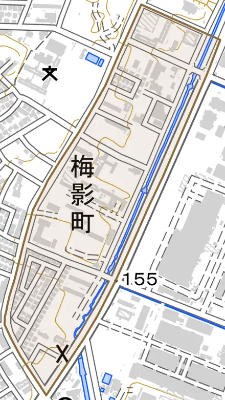 梅影町とその周辺の地図。町の範囲を重ねている