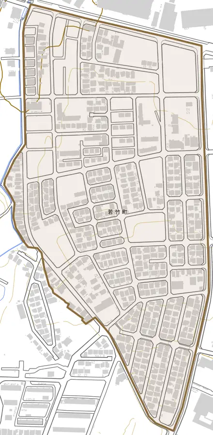 若竹町とその周辺の地図。町の範囲を重ねている