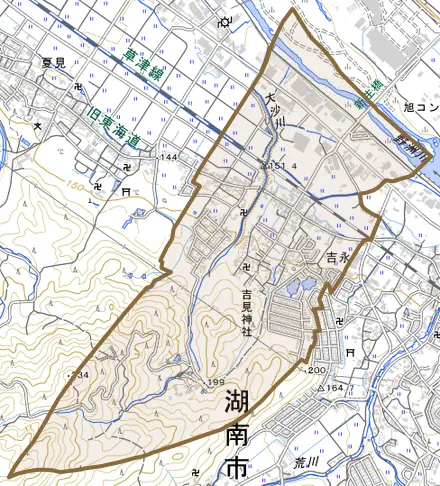 吉永とその周辺の地図。町の範囲を重ねている