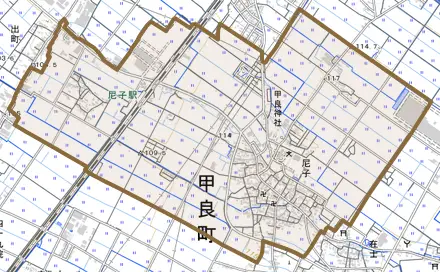 大字尼子とその周辺の地図。町の範囲を重ねている