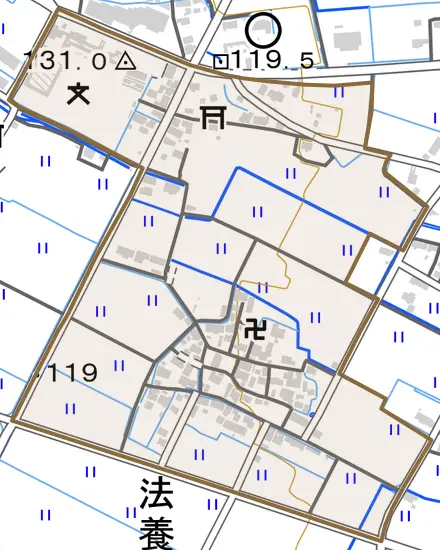 大字法養寺とその周辺の地図。町の範囲を重ねている
