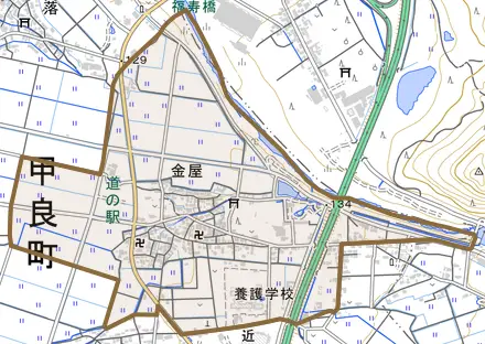 大字金屋とその周辺の地図。町の範囲を重ねている