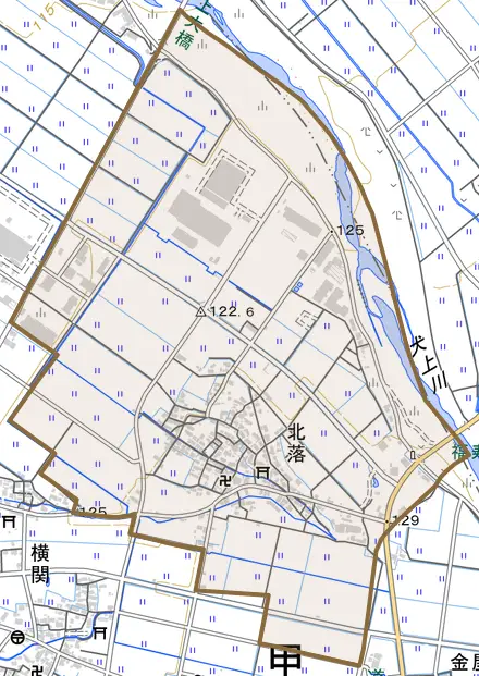 大字北落とその周辺の地図。町の範囲を重ねている