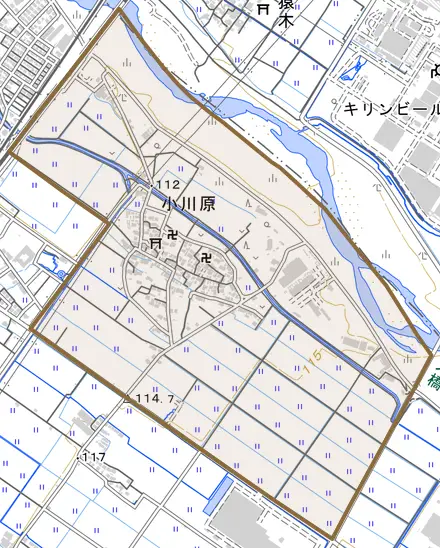 大字小川原とその周辺の地図。町の範囲を重ねている