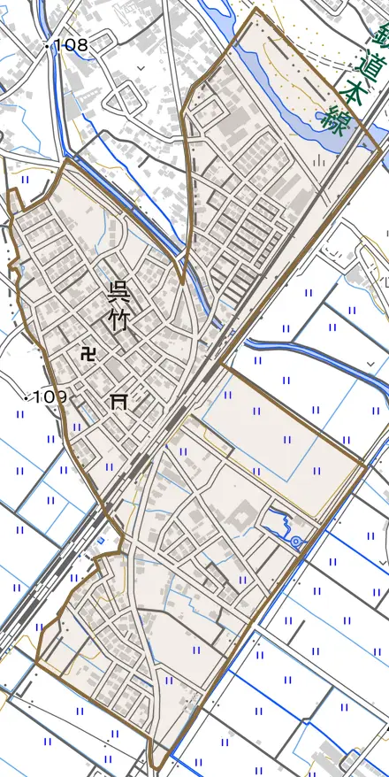 大字呉竹とその周辺の地図。町の範囲を重ねている