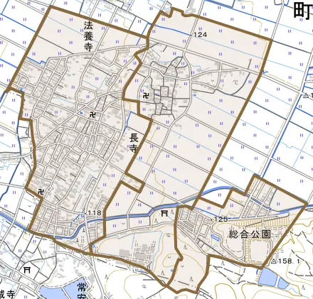 大字長寺とその周辺の地図。町の範囲を重ねている