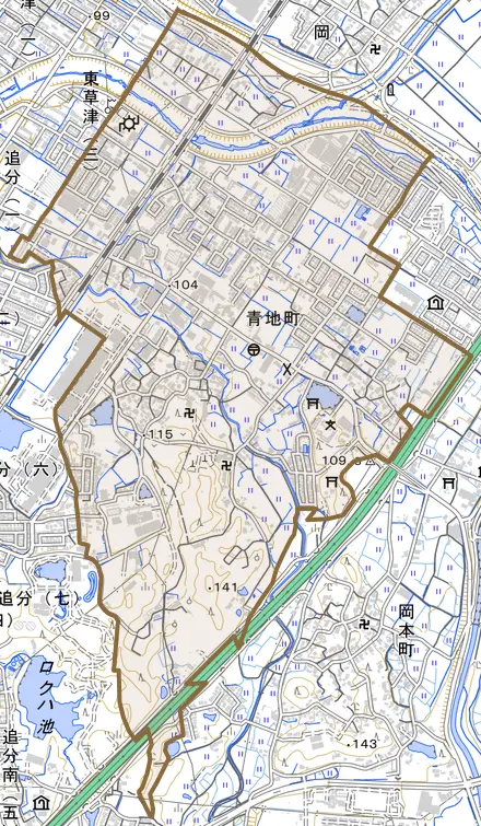 青地町とその周辺の地図。町の範囲を重ねている
