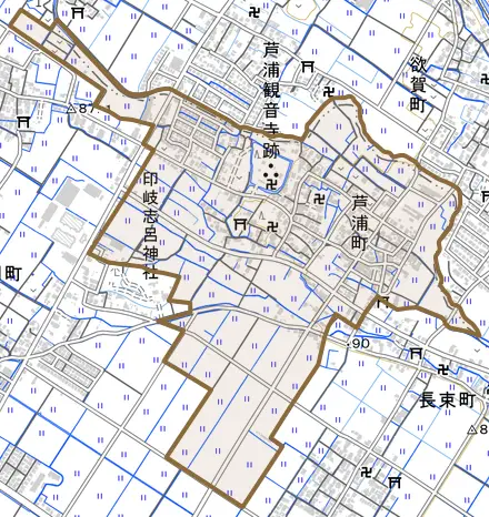 芦浦町とその周辺の地図。町の範囲を重ねている