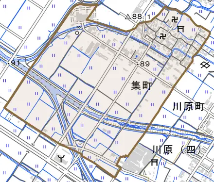 集町とその周辺の地図。町の範囲を重ねている