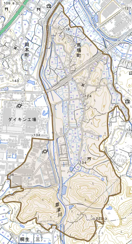 馬場町とその周辺の地図。町の範囲を重ねている