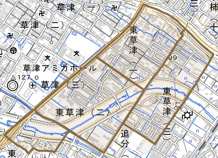 東草津とその周辺の地図。町の範囲を重ねている