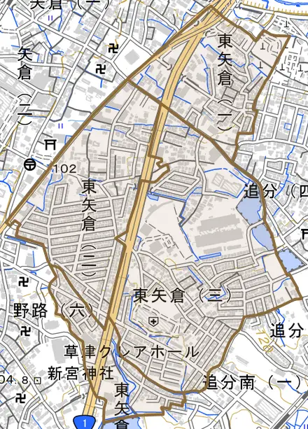 東矢倉とその周辺の地図。町の範囲を重ねている