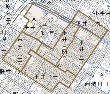 平井とその周辺の地図。町の範囲を重ねている