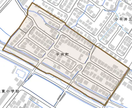 平井町とその周辺の地図。町の範囲を重ねている