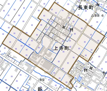 上寺町とその周辺の地図。町の範囲を重ねている