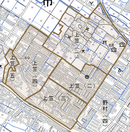 上笠とその周辺の地図。町の範囲を重ねている