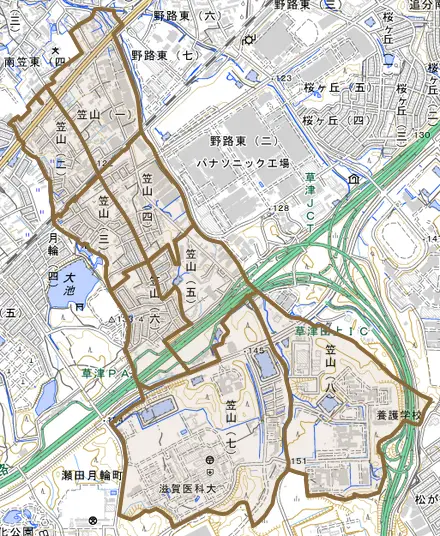 笠山とその周辺の地図。町の範囲を重ねている