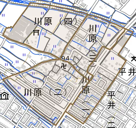 川原とその周辺の地図。町の範囲を重ねている