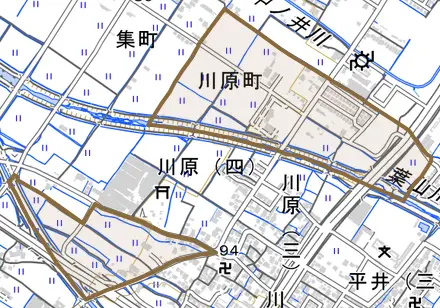 川原町とその周辺の地図。町の範囲を重ねている